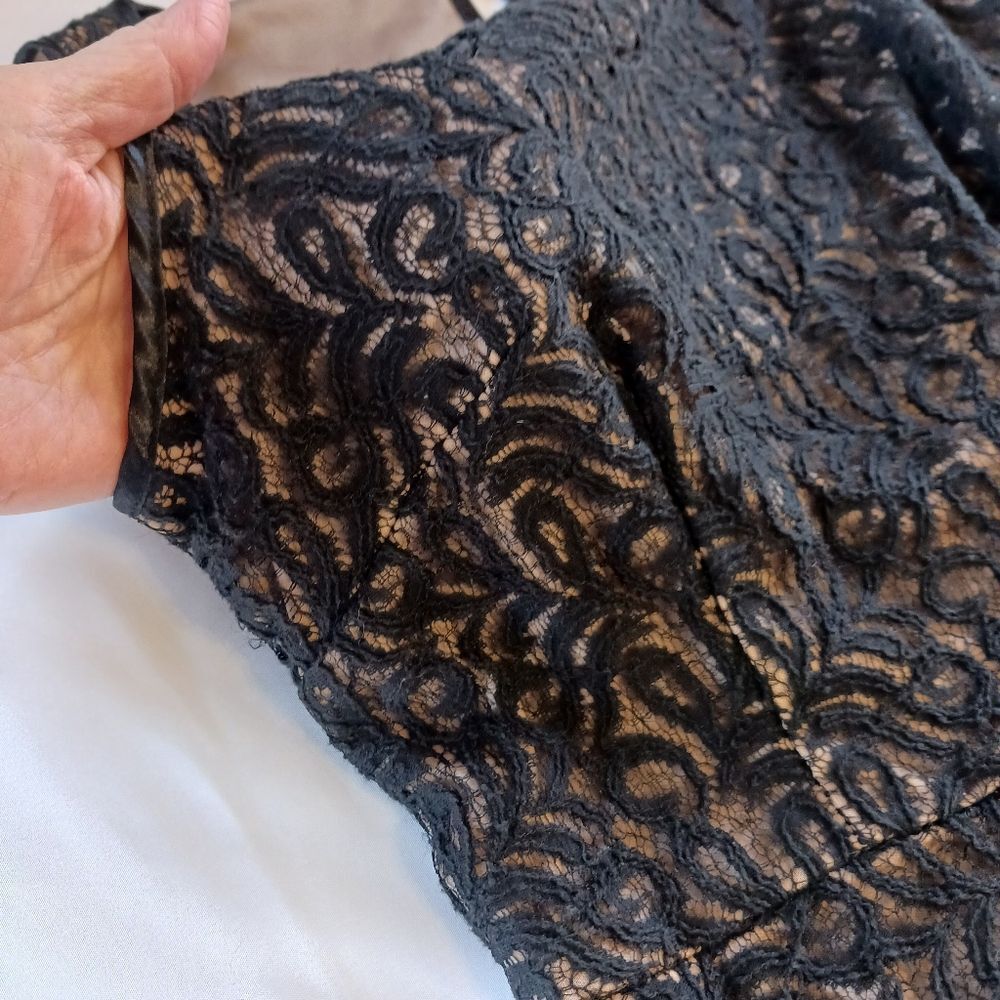 Lace Overlay Knee Length Date Night Dress Whimsigoth Balletcore Black Tan Size 6 - Picture 8 of 11